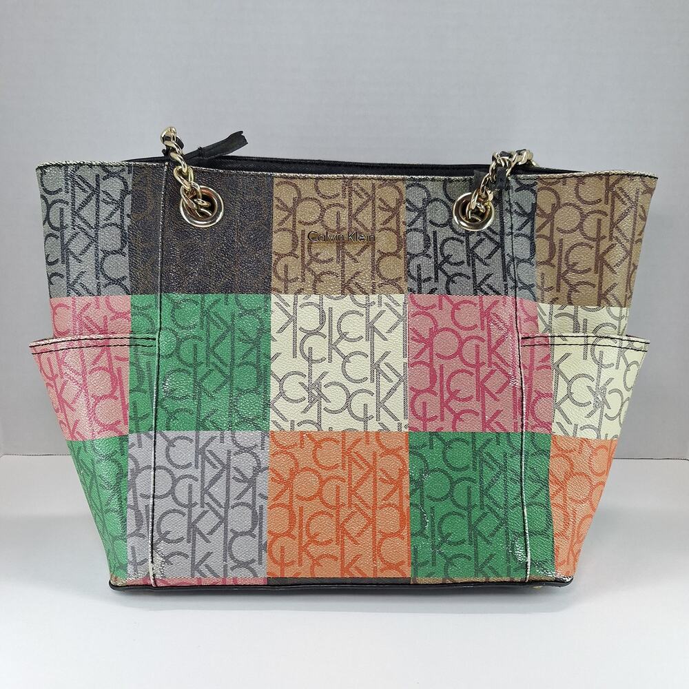Calvin Klein Hayden Saffiano Leather Plaid Monogram Top Zip Chain Tote Purse Bag